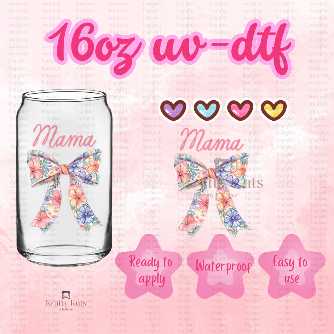 Mama Pink BowUV-DTF 16oz GLASS WRAP Decal