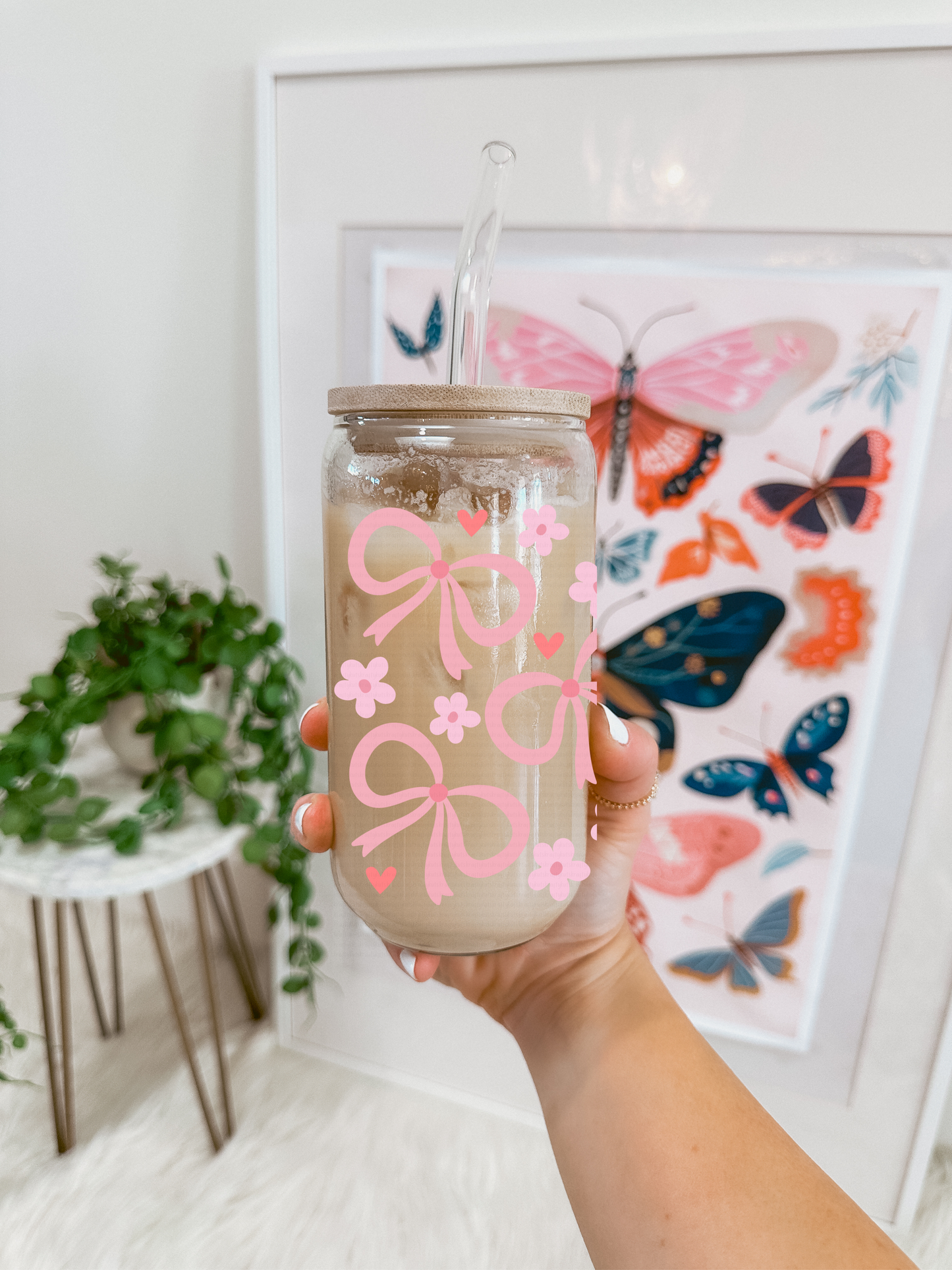 Coquette Light Pink Bows & Flowers Glass Cup 16oz