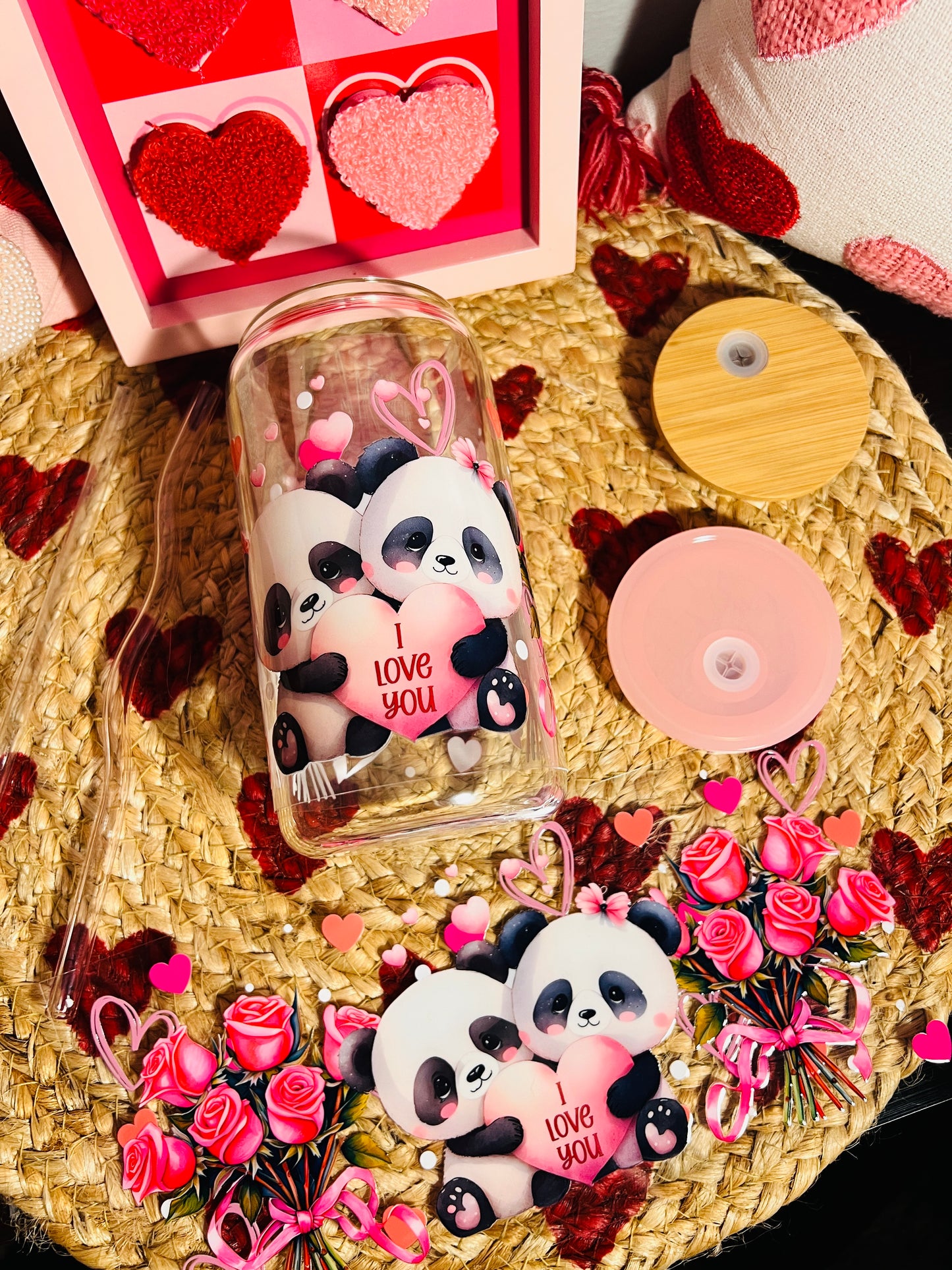 Panda Bear Couple ♥ Glass Can 16 oz