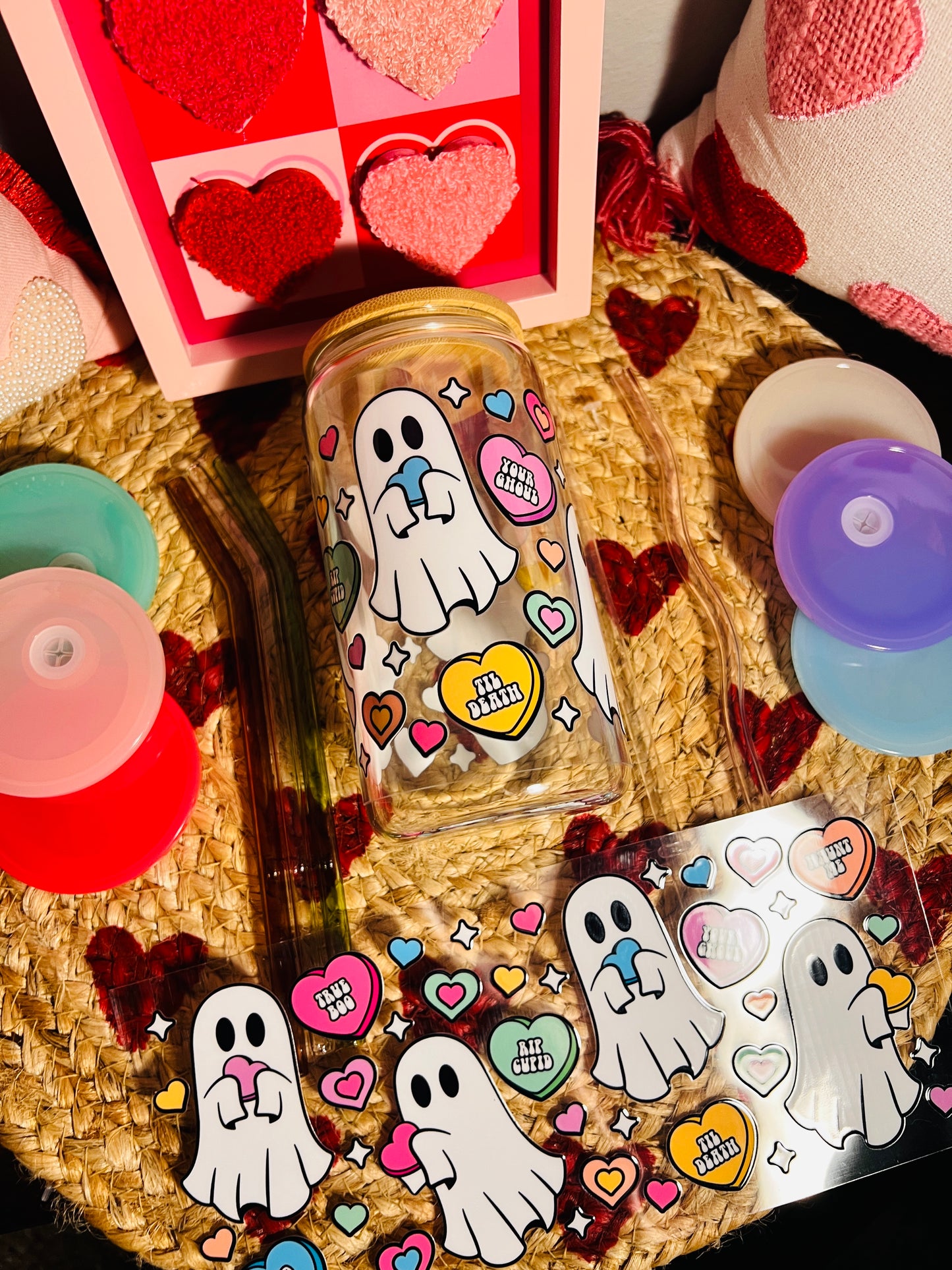 Valetines Ghosty Friends ♥ Glass Can 16 oz