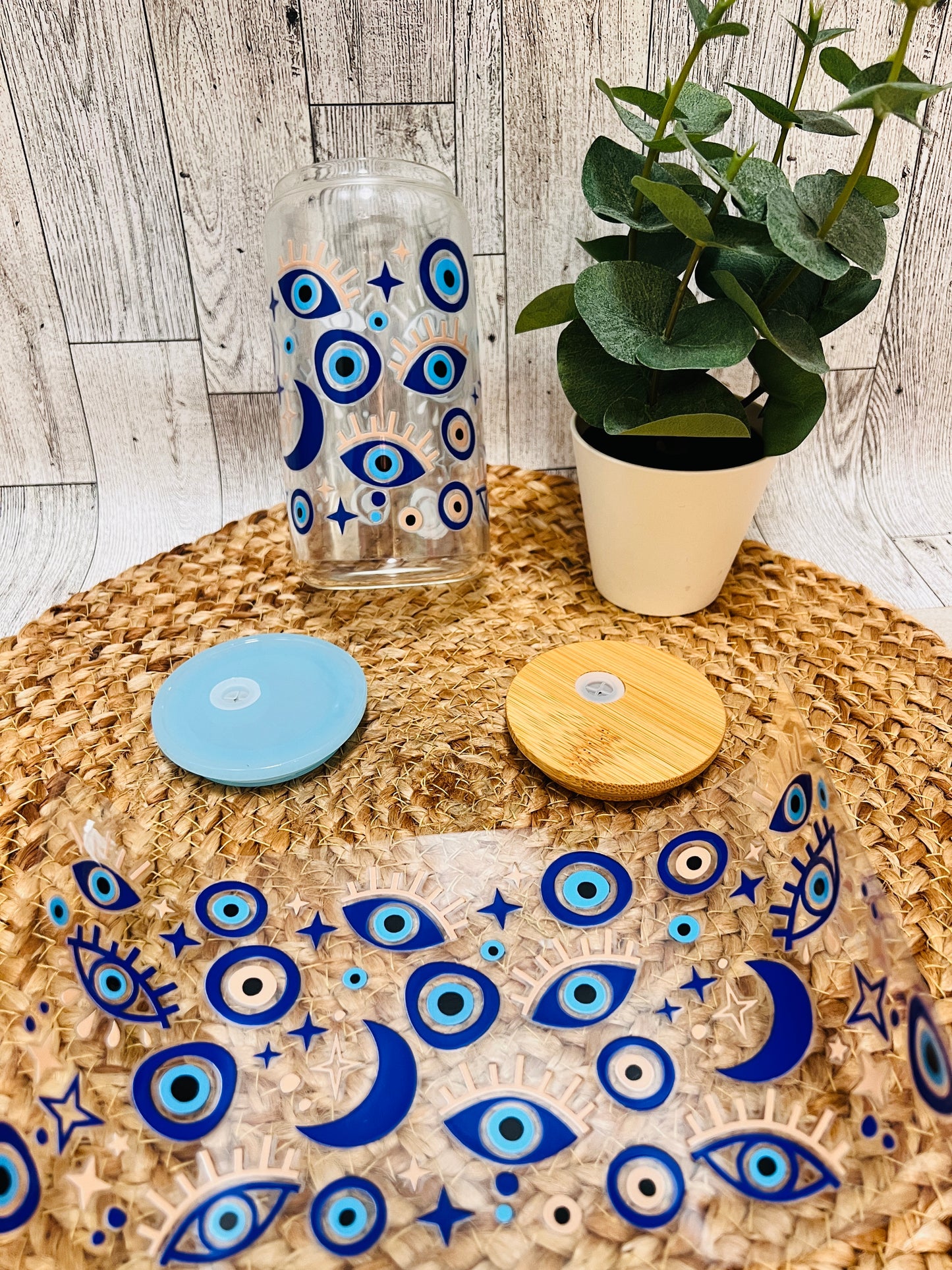 Blue Evil Eye Glass Can 16oz