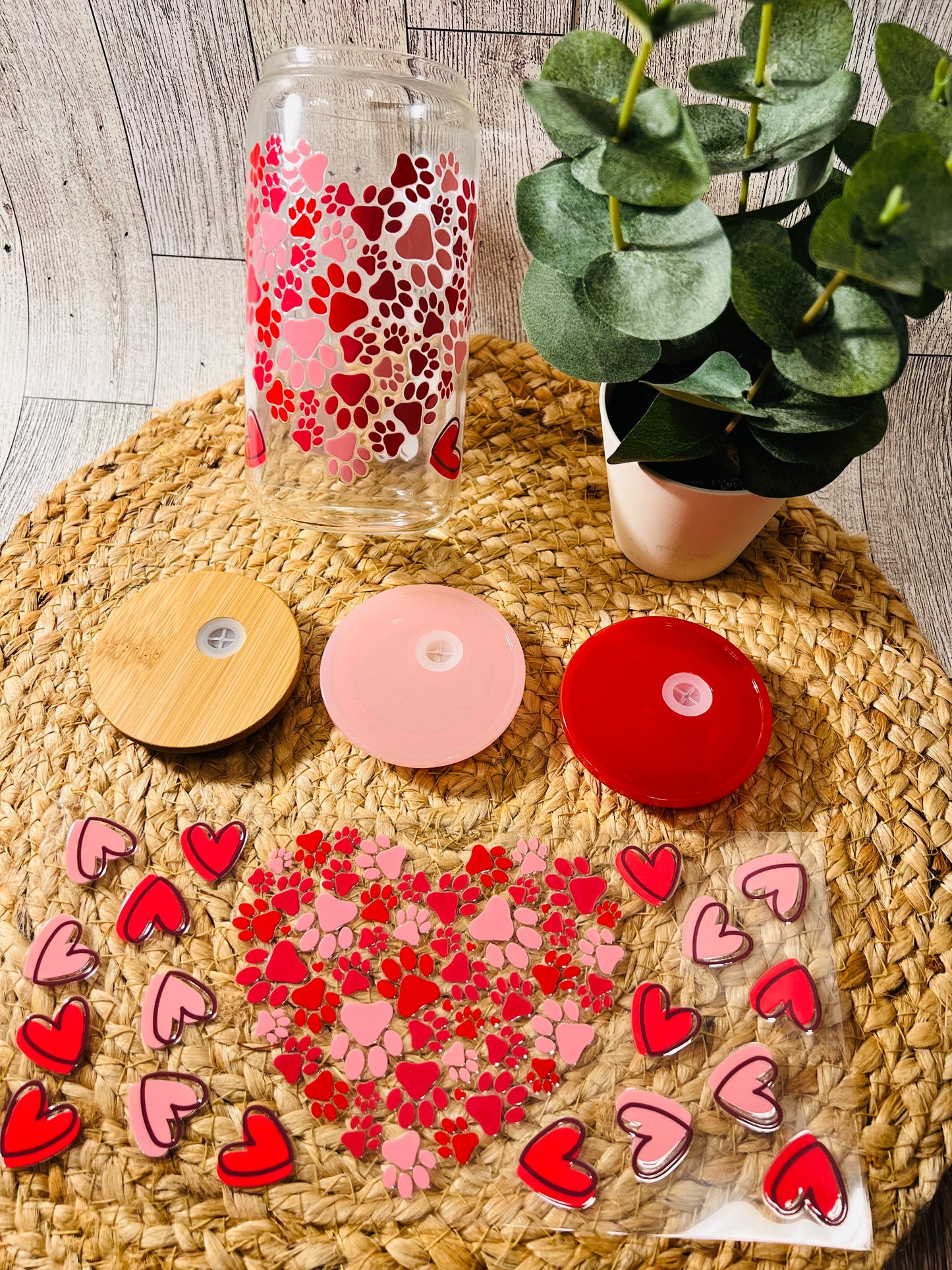 Valentines Paw Heart Glass Can 16oz
