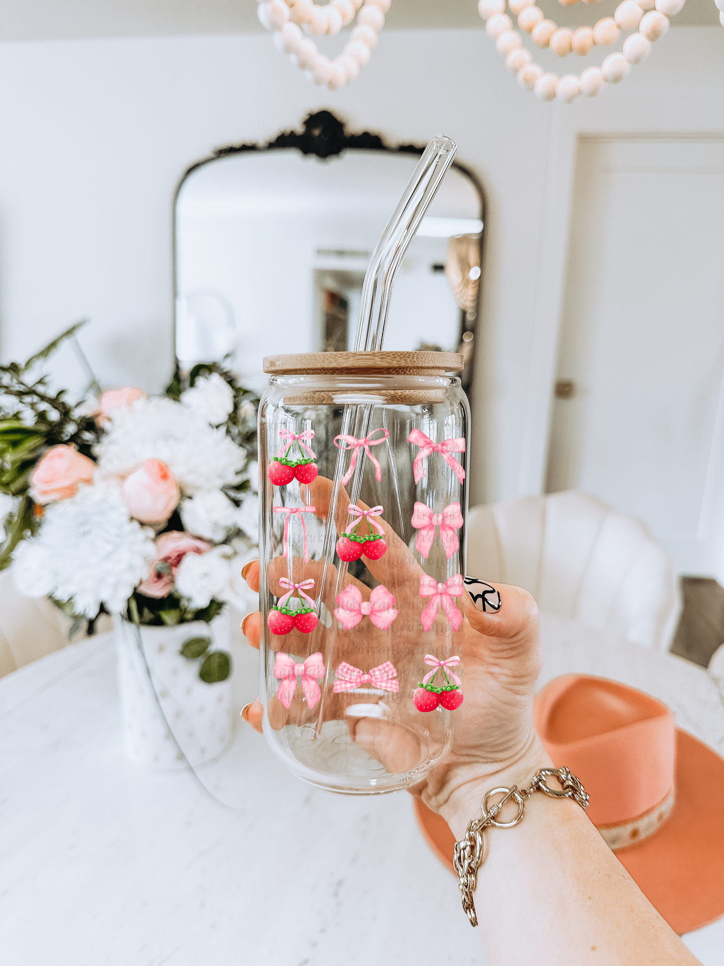 Cute Bows & Berries ♥ Glass Can 16 oz