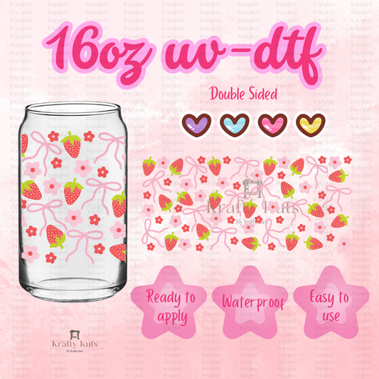 Strawberries and Pink Daisy UV-DTF 16oz Glass Can Wrap - Double Sided