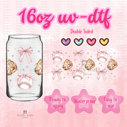 Baseball and Bows UV-DTF 16oz Glass Can Wrap - Double Sided