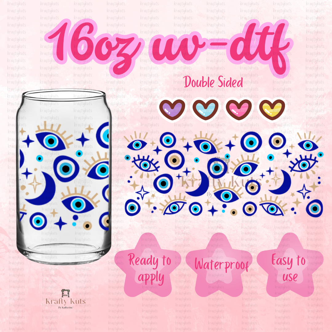 Blue Evil Eye UV-DTF 16oz Glass Can Wrap - Double Sided