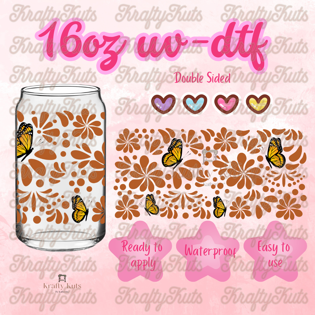 Talavera and Butterflies UV-DTF 16oz Glass Wrap - Double Sided