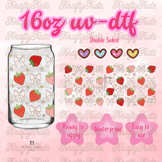 Strawberries and White Bows UV-DTF 16oz Glass Can Wrap - Double Sided