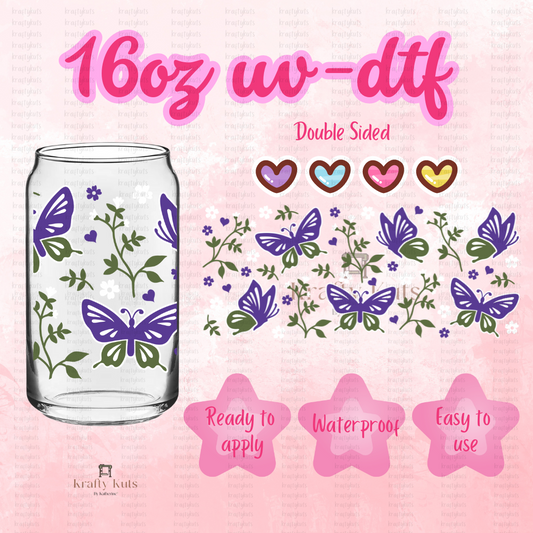 Butterflies UV-DTF 16oz Glass Can Wrap - Double Sided -