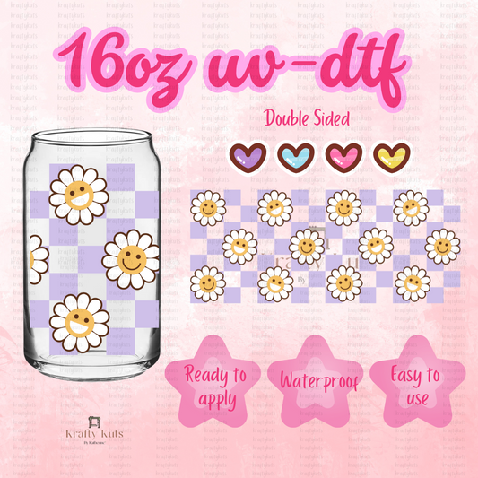 Flowers Purple Plaid UV-DTF 16oz Glass Can Wrap - Double Sided -