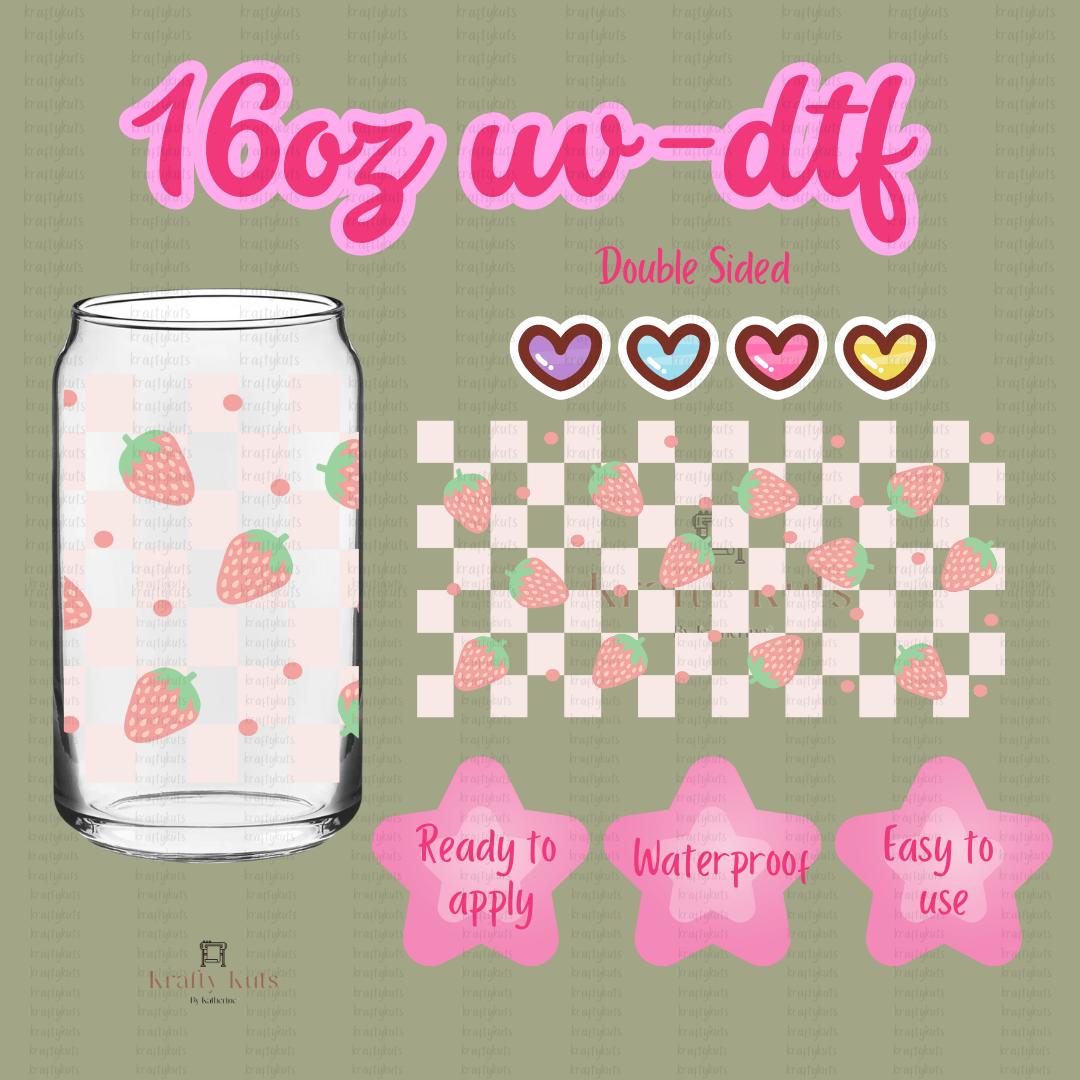Srawberry and Pink Plaid BG UV-DTF 16oz Glass Can Wrap - Double Sided -