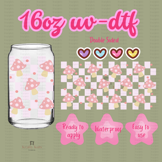 ,Mushrooms Pink Plaid BG UV-DTF 16oz Glass Can Wrap - Double Sided