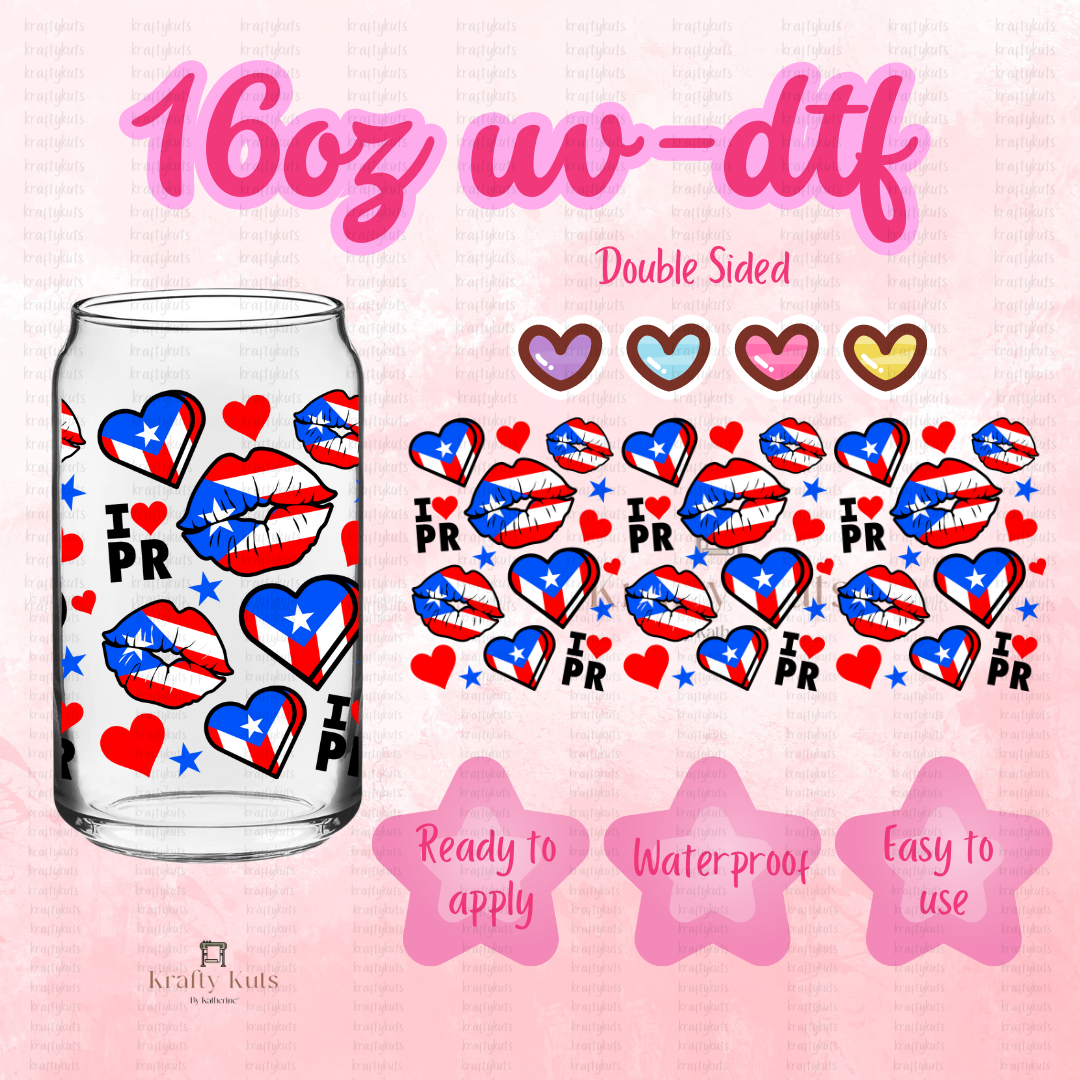 Puerto Rico Heart and Kisses UV-DTF 16oz Glass Can Wrap - Double Sided