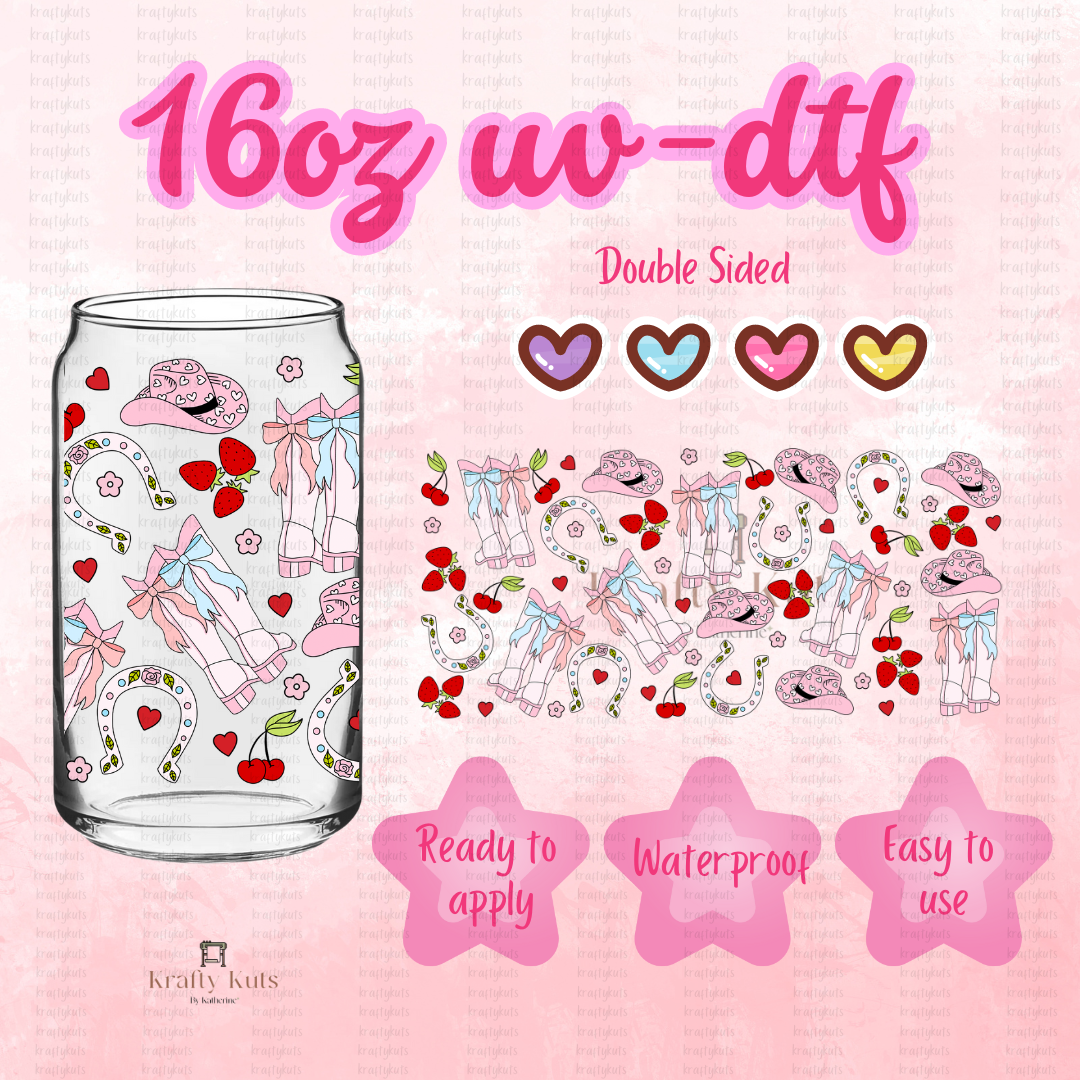 Cowgirl Boots and Strawberries UV-DTF 16oz Glass Can Wrap - Double Sided