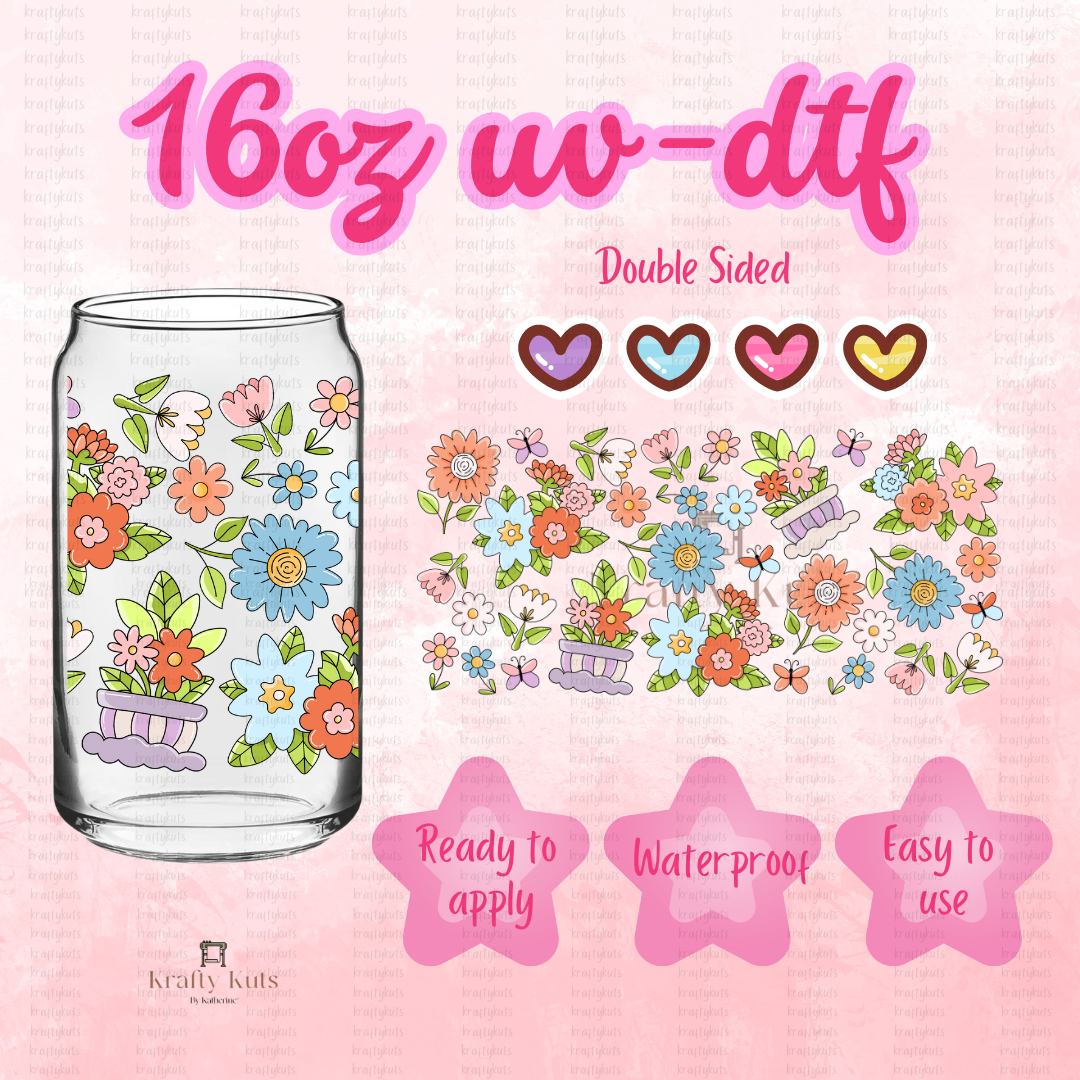 Flowers Marg UV-DTF 16oz Glass Can Wrap - Double Sided