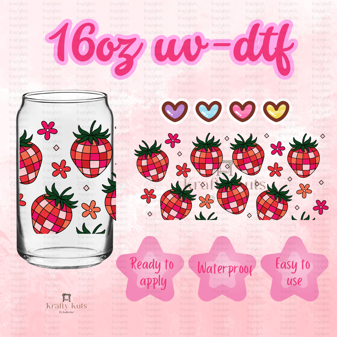 Strawberry Disco UV-DTF 16oz Glass Wrap