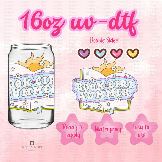 Book Girl Summer UV-DTF 16oz Glass Can Wrap - Double Sided - Decal