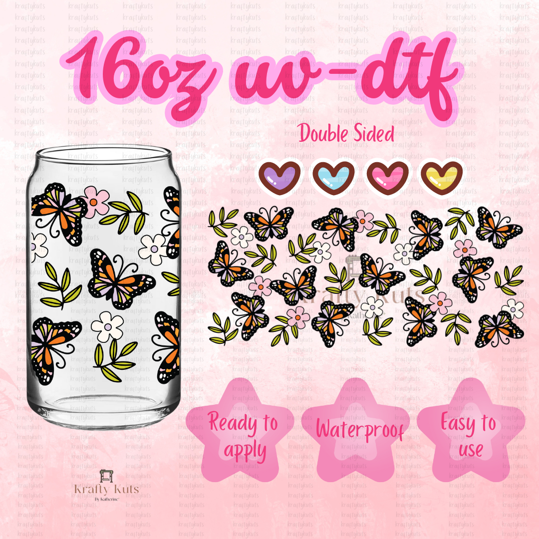 Butterflies Monarcas  UV-DTF 16oz Glass Can Wrap - Double Sided