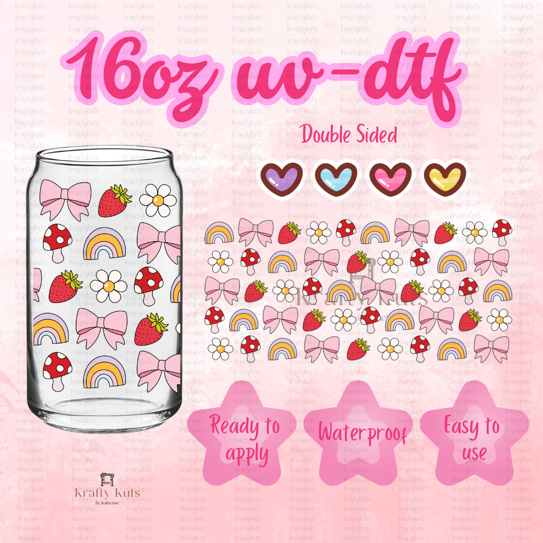 Strawberries, Bows, Daisy UV-DTF 16oz Glass Can Wrap - Double Sided