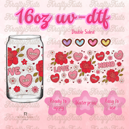 Hearts & Flowers UV-DTF 16oz Glass Can Wrap - Double Sided