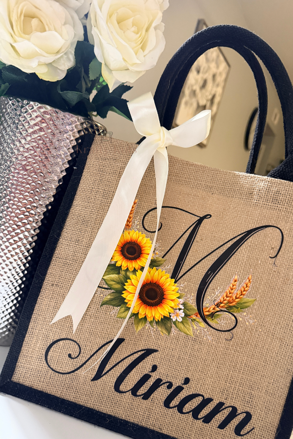 Personalized Tote Bag with Name & Initial – Custom Floral Jute Bag | Gift for Mom