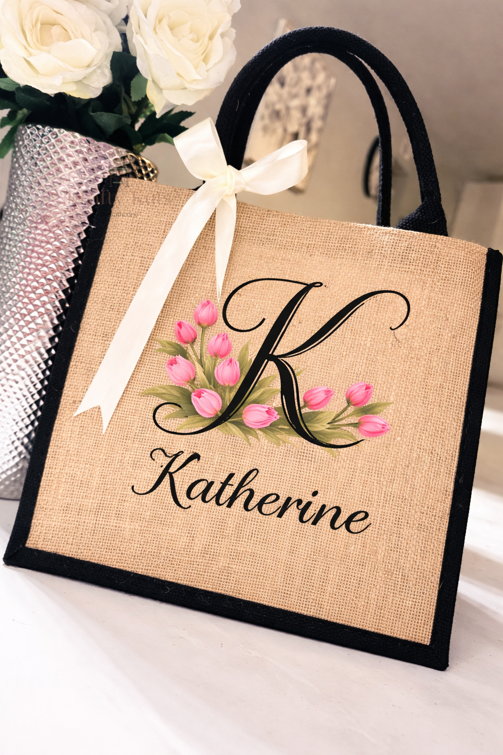 Personalized Tote Bag with Name & Initial – Custom Floral Jute Bag | Gift for Mom