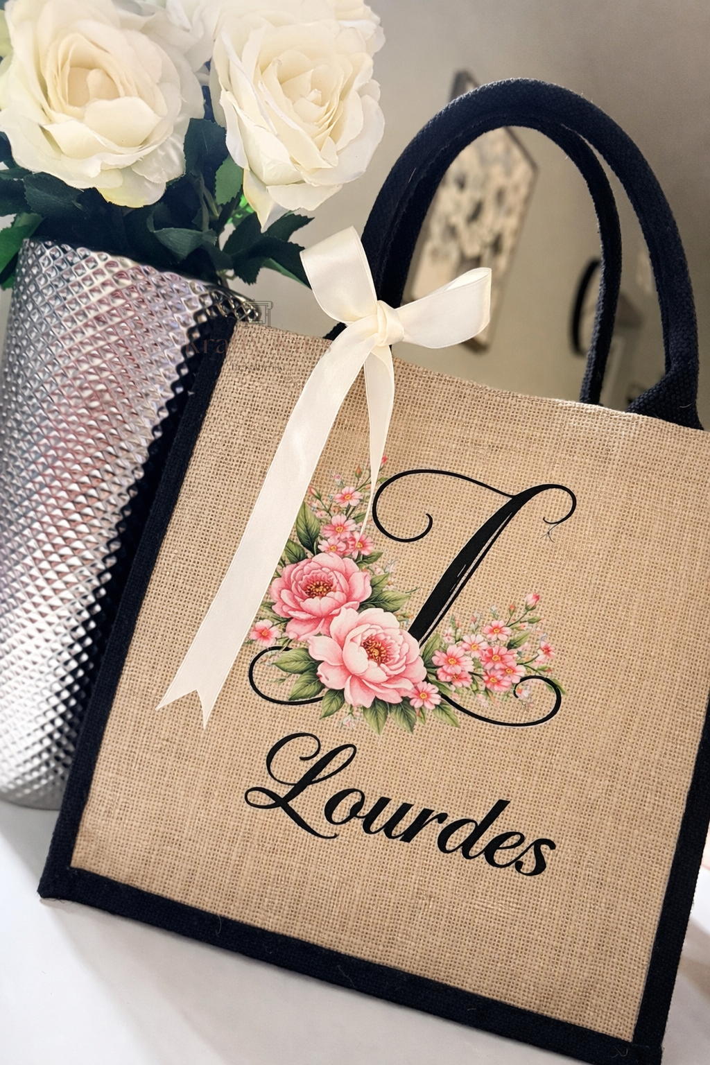 Personalized Tote Bag with Name & Initial – Custom Floral Jute Bag | Gift for Mom