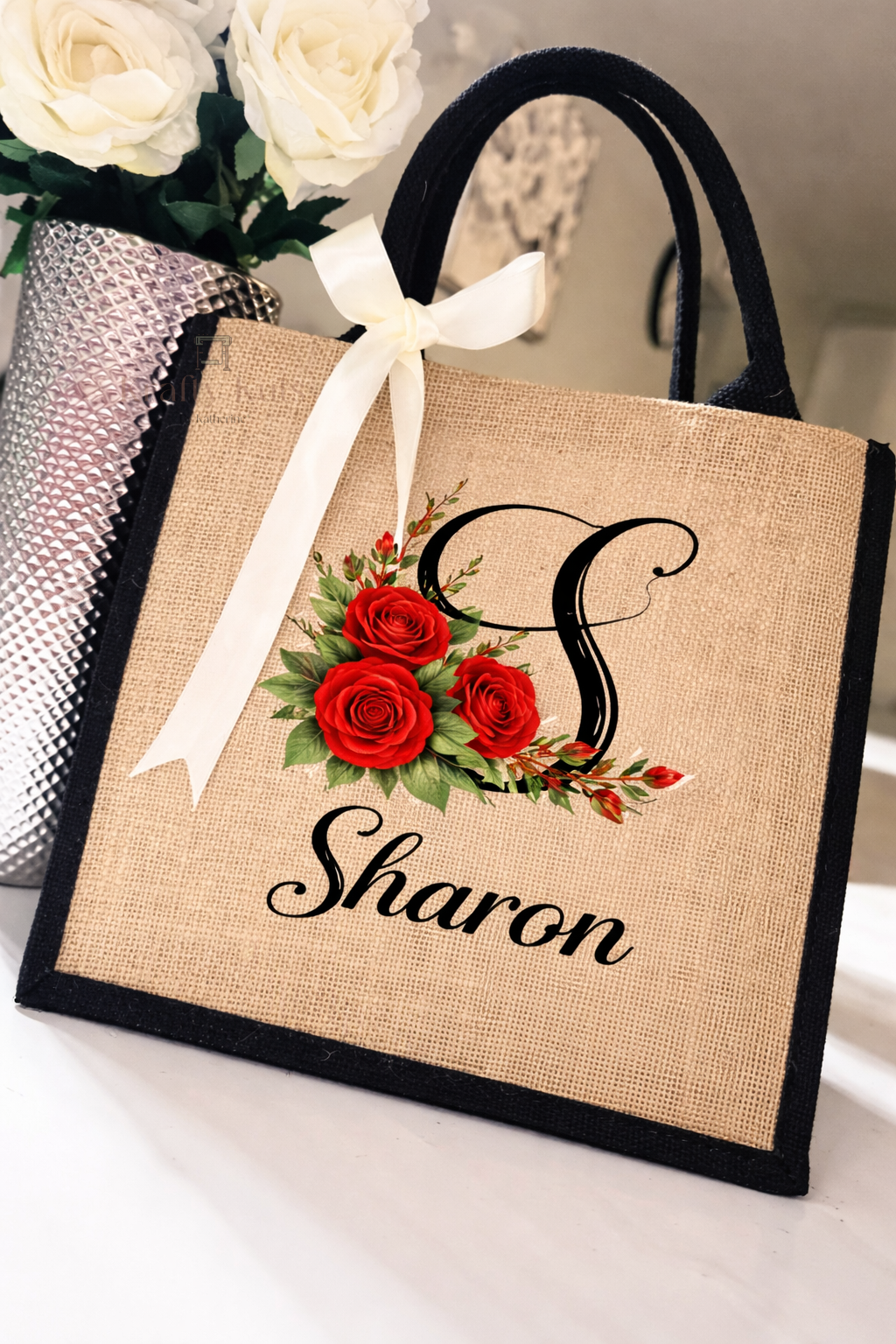 Personalized Tote Bag with Name & Initial – Custom Floral Jute Bag | Gift for Mom
