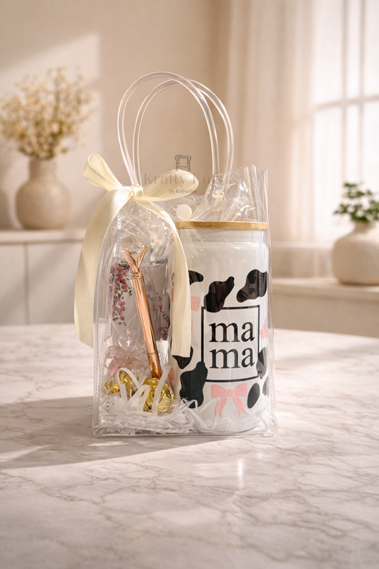 Gift Combo 1 - Mama Glass Cup Gift Set – Aesthetic Gift for Mom | Glass Cup, Diamond Pen & Hair Clip