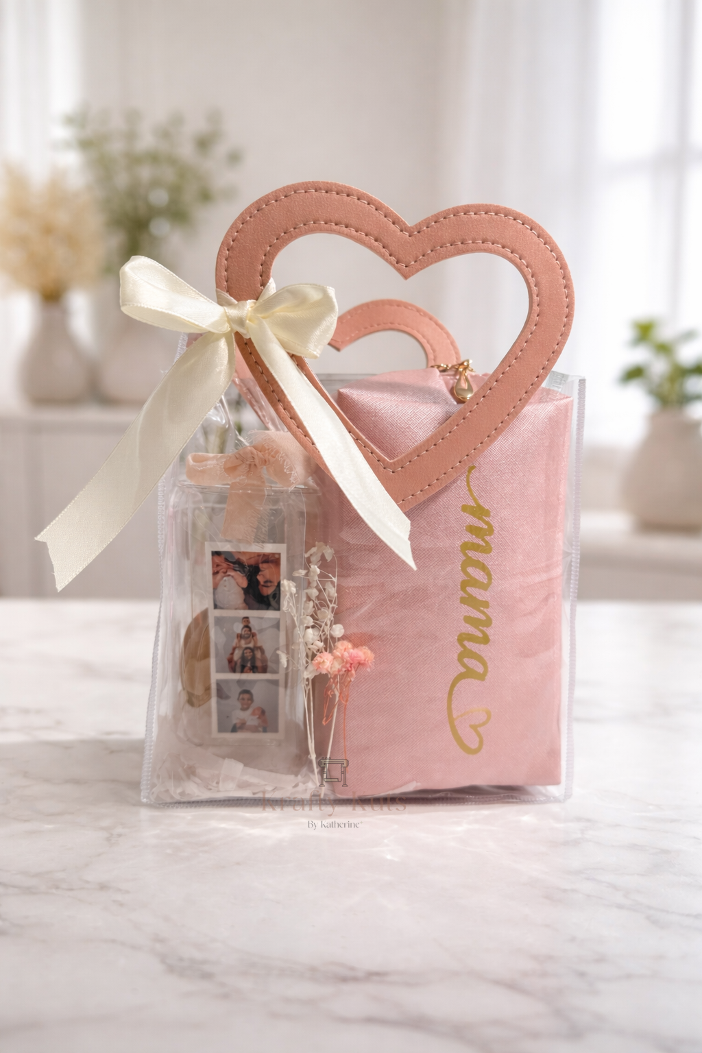 Gift Combo 3 - Personalized Gift Box for Mom – Custom Makeup Bag, Glass Cup & Photo Bookmark | Heart Gift Set