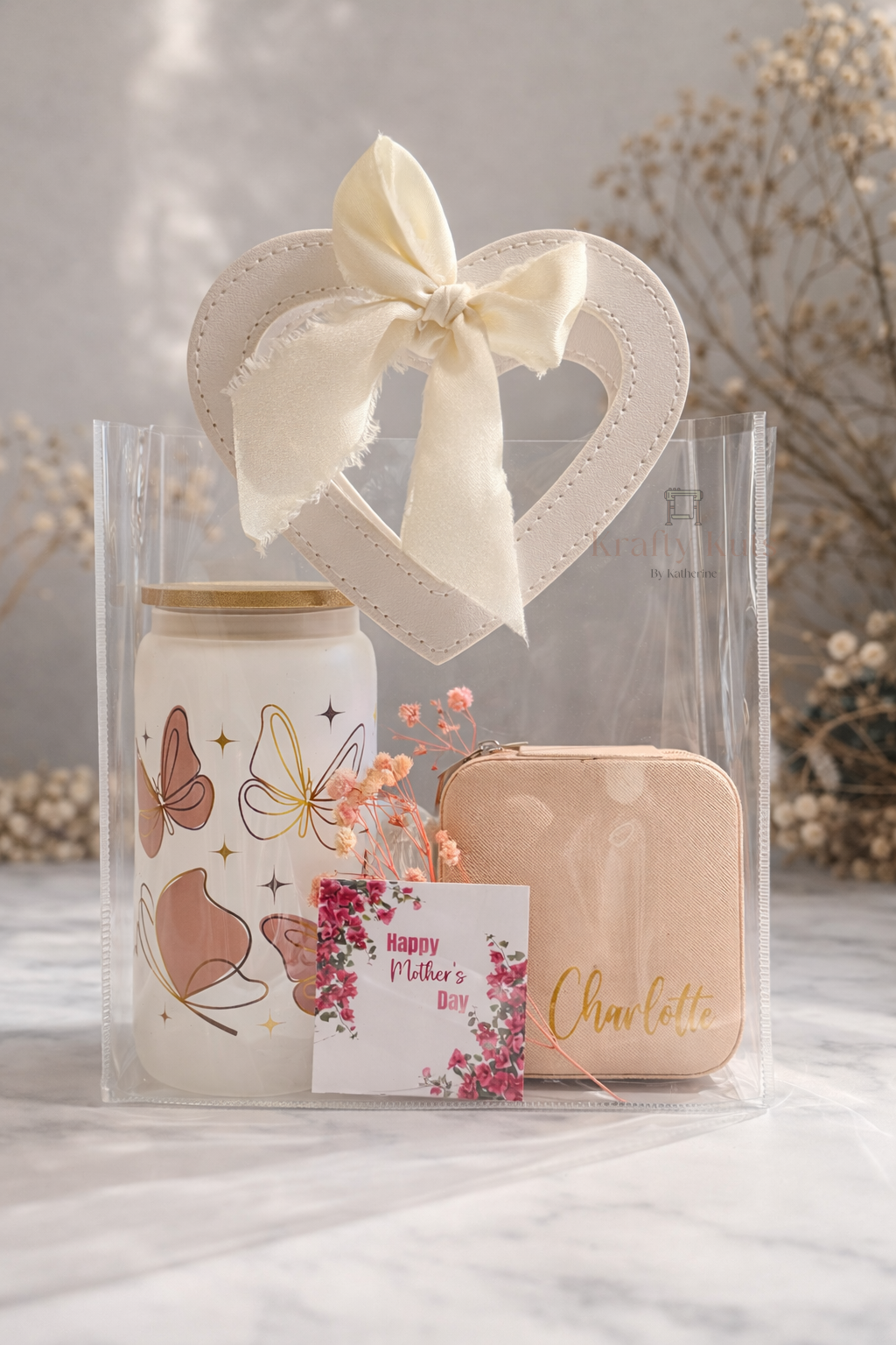 Gift Combo 5 - Butterfly Glass Cup Gift Set – Personalized Jewelry Box & Glass Cup with Lid & Straw | Gift for Mom