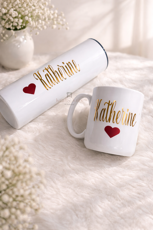 Personalized Name Tumbler & Mug – Custom Gold Vinyl Gift | 20oz Tumbler, 15oz Mug or Set